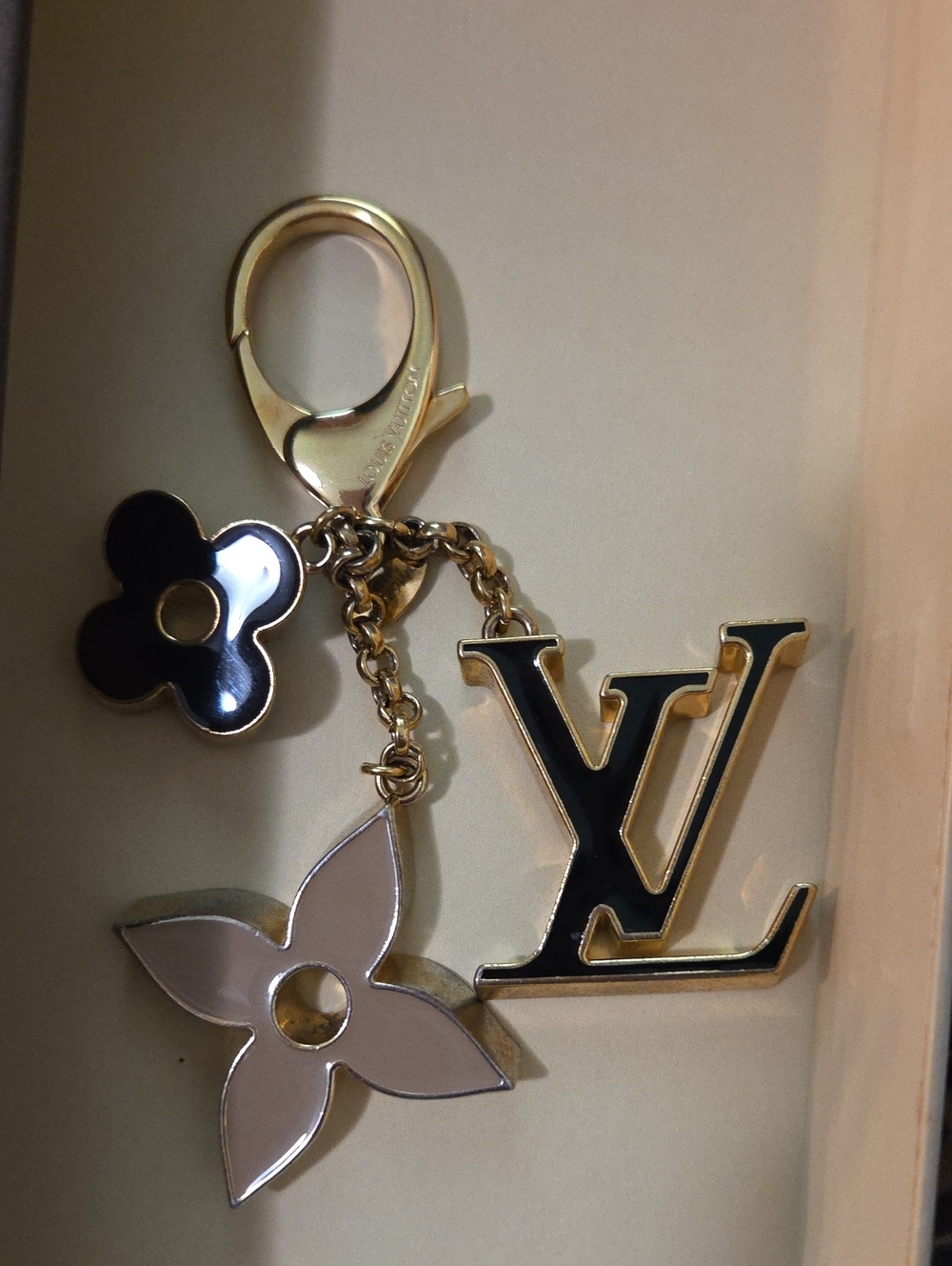 Louis Vuitton Gold-Tone Black & Pale Pink Logo Flower Key Charm